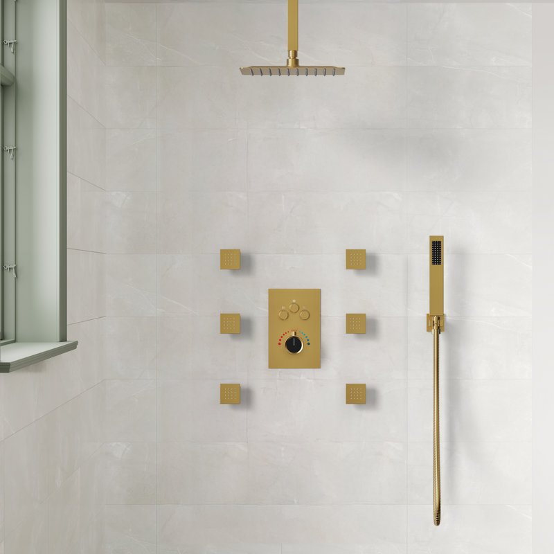 Ceiling Mounted Thermostatic Shower System , High Pressure Rainfall Shower Faucet with Handheld Shower, Brushed Gold