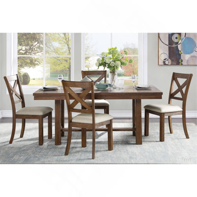 Brown Finish Dining Set Rectangular Table Bench Side Chairs Beige Upholstered Seat Transitional Kitchen Dining Furniture