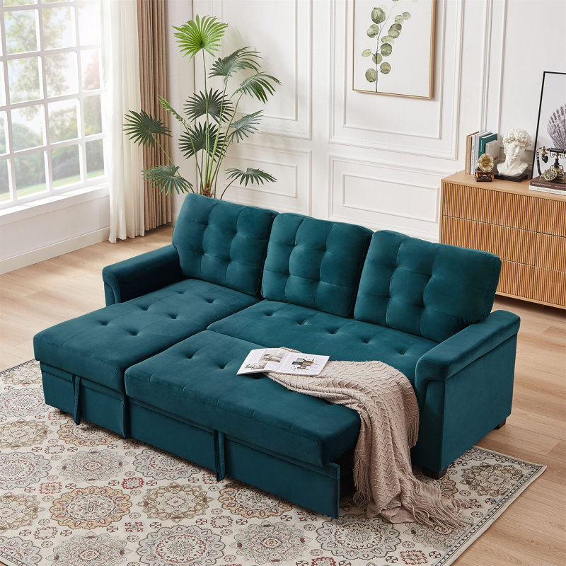 Wilcoxen 3 Seater Foam Sofa Bed, Green, Velvet