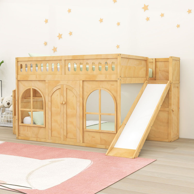 Lit mezzanine en bois avec glissade, escalier de rangement, garde-robe et portes arquées décoratives, Lit double, Naturel