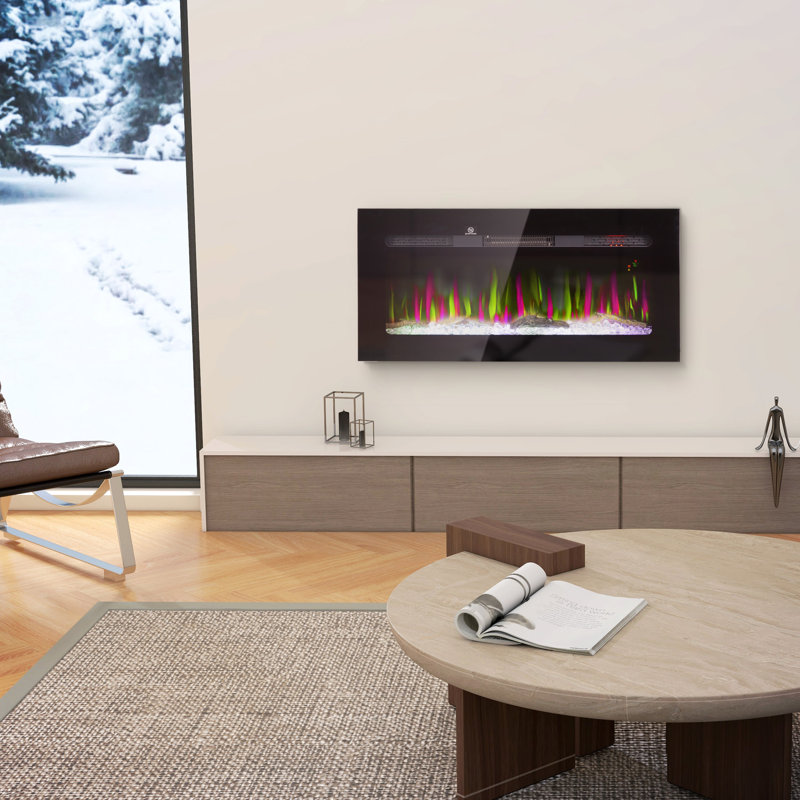 Foyer électrique 36 po - 1500 W, fixé au mur, minuterie 8H, couleur et luminosité de flamme réglables, cristal de bûche, acier noir, chauffage encastré 1500 W à couverture thermique, coffre-fort