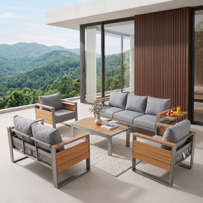 Aluminum Patio Furniture Set, 7-Person Outdoor Sectional Sofa With Coffee Table, Patio Conversation Sets With 5" Thick Cushion & Wide Armrest For Yard, Deck