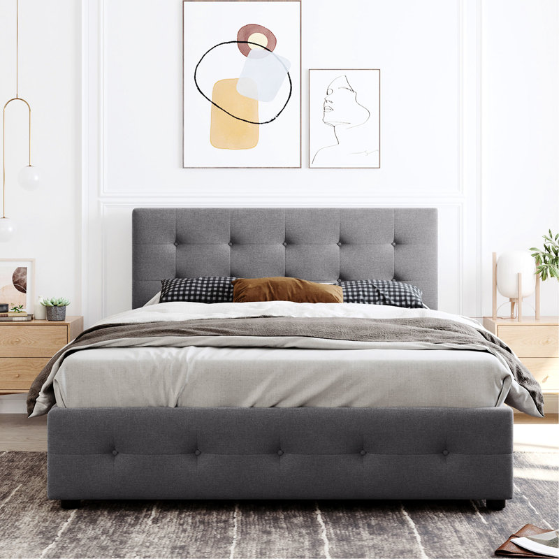 Upholstered Queen Platform Bed With 4 Drawers And Classic Headboard - Gray No Box Spring Attractive Button- In Size Strong Chic Design