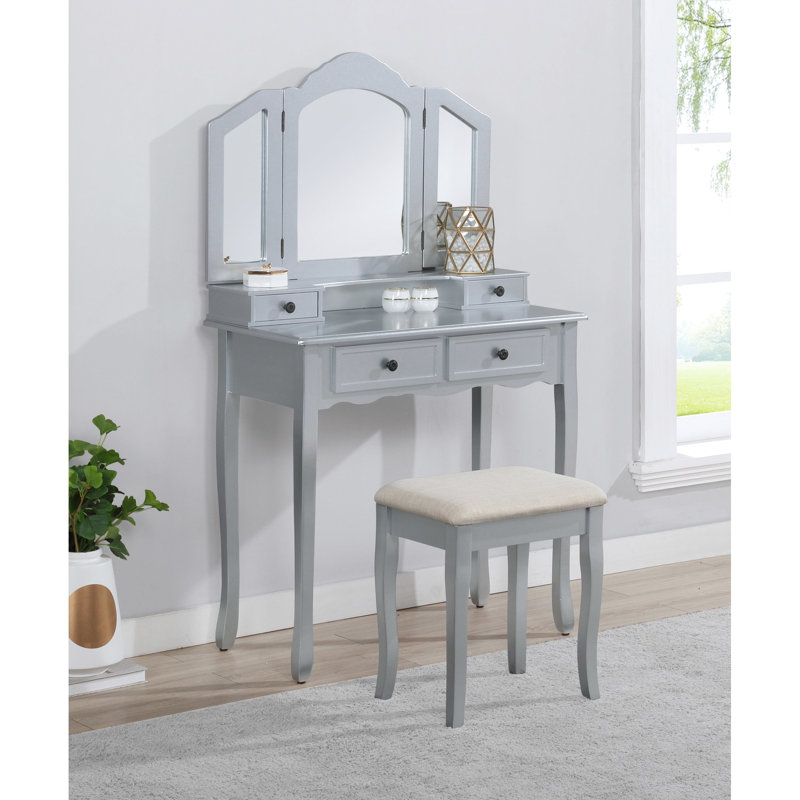 Wooden Vanity Make Up Table And Stool , Silver - Wood Construction With Ample Storage Desk Spacious For Personal Belongings