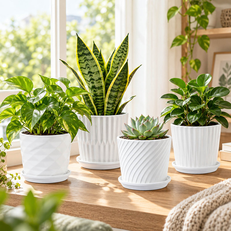 Ensemble de 4 pots de fleurs cylindriques en céramique blanche avec soucoupes