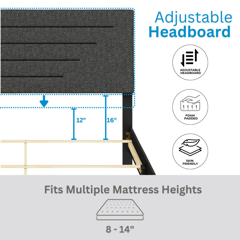 Charcoal Linen Upholstered Full Platform Bed with Headboard