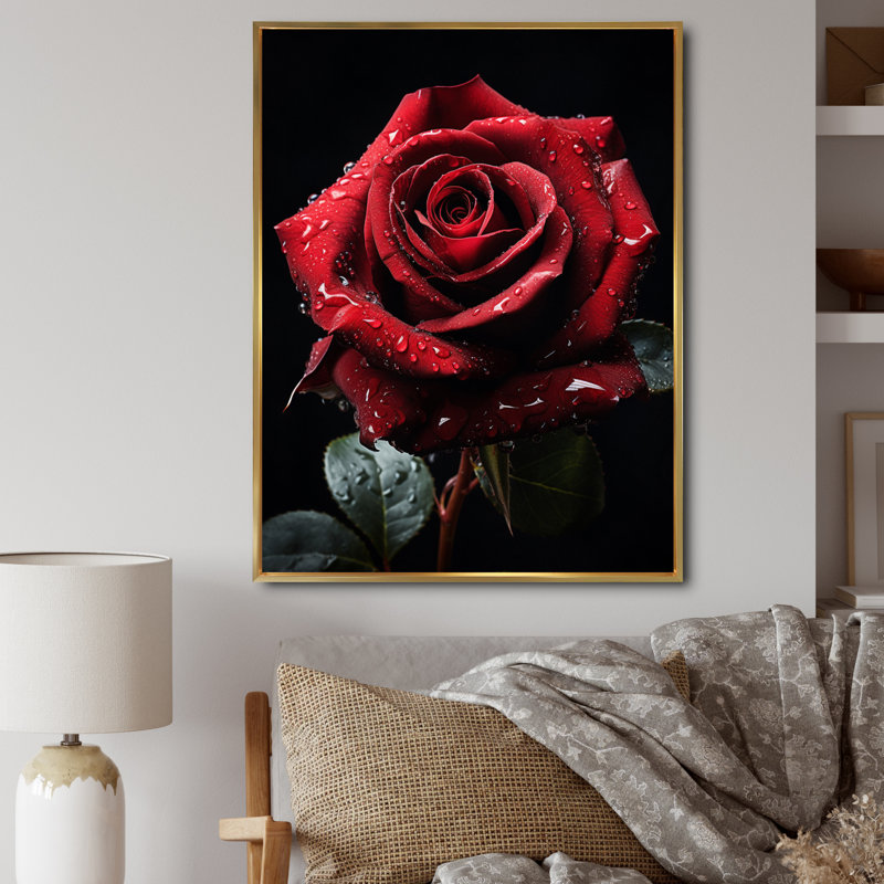 «Red Black Rose Elegance I», art mural sur toile florale, H 40 po x l 30 po x P 1,5 po, Cadre flottant doré