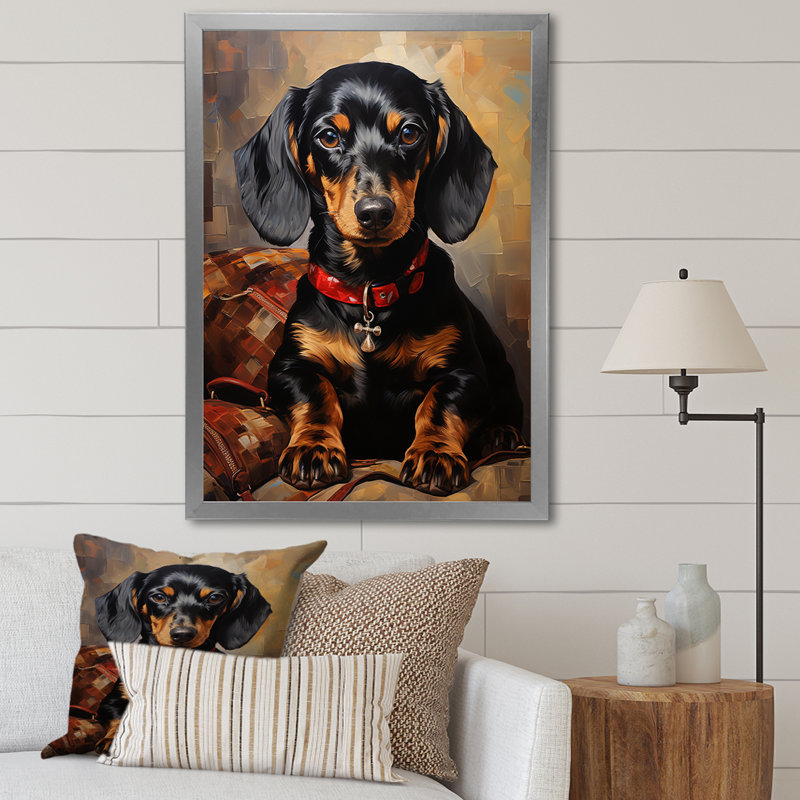 «Cute Dog Dachshund Portrait» - art mural chien, Cadre flottant brun, H 20 po x l 12 po x P 1 po