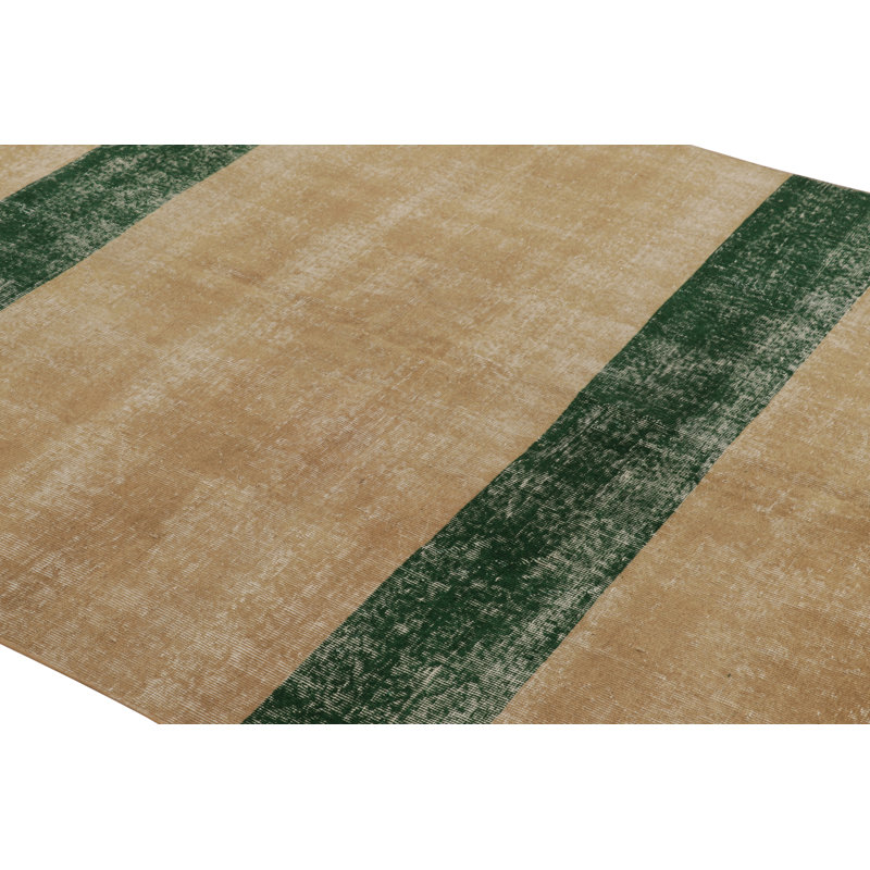 Vintage Zeki Müren Rug, Beige With Green Striped Minimalist Design - Rug & Kilim