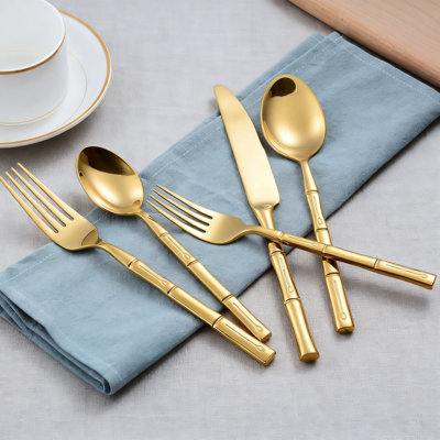 Ensemble de couverts en acier inoxydable doré avec poignées en bambou 60 pièces polies miroir pour la cuisine à domicile Service de mariage pour 12