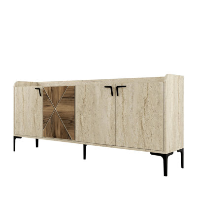 Paucker Modern Console Table, Walnut & Travertine Color, 70.9 x 30.7 x 13.8 inches | 100% Melamine Coated Particle Board, Thickness: 0.7 inches | Wall-Mountable Design with Numerous Shelves, Stylish & Functional for Any Space