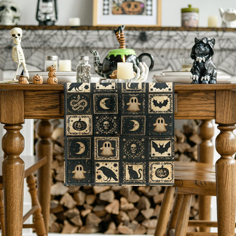 Chemin de table 210 g / m² Halloween 13 x 36 po | Décoration de table de salle à manger Patchwork, L 36 po, Noir