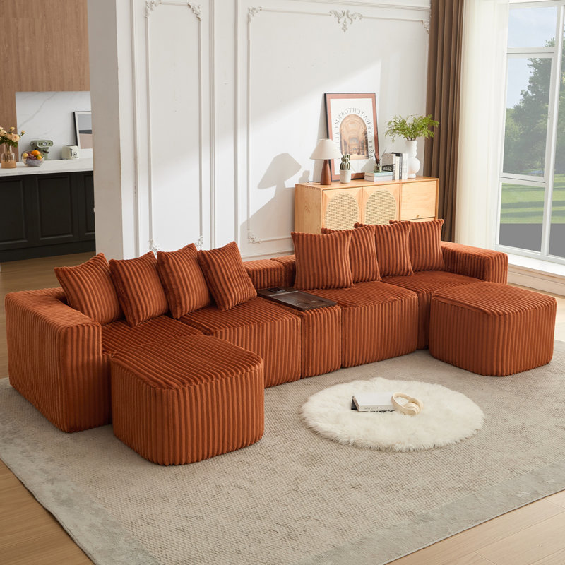 Canapé en U 137,5 po, charge USB et sans fil, table basse avec porte-gobelet, canapé modulaire surdimensionné et mobile, repose-pieds mobile, sans assemblage, 6 sièges, velours côtelé, orange