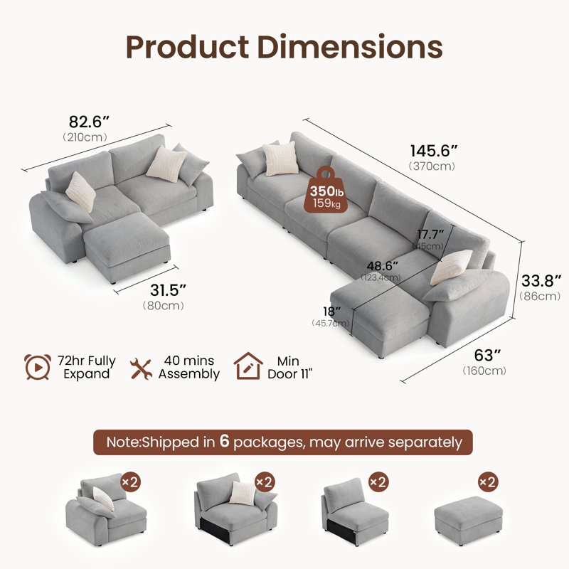 Ensemble de salon modulaire Rialto 4 pièces, style moderne, en chenille duvet mélangée, avec accoudoirs arrondis ; comprend un sofa 4 places, une causeuse et 2 poufs ; montage sans outil ; housses lavables.