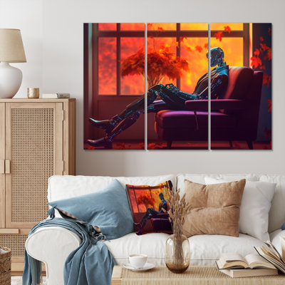Stylish Humanoid Android Sitting On Couch I - Robot Canvas Art Print Set