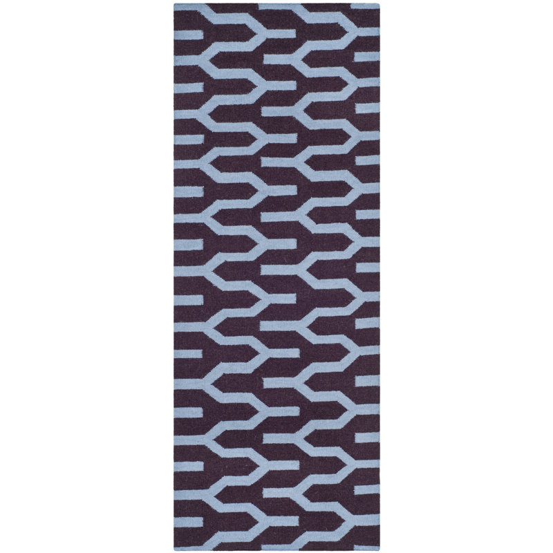 Tapis géométrique en laine / coton tissé à la main Rodgers - bleu / mauve, Tapis de couloir 2 pi 6 po x 7 pi