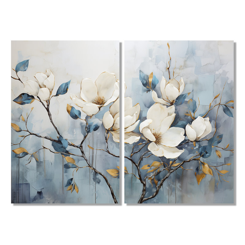 Élégante tranquillité de magnolia blanc et bleu - Décoration murale blanche, H 36 po x l 48 po, Wrapped Canvas