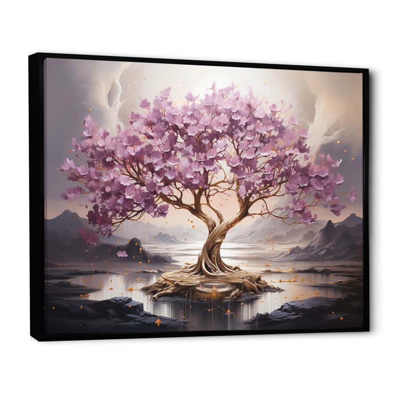 Fleur de cerisier mauve au bord du lac I - Art mural cerisier en fleurs, Cadre flottant noir, H 30 po x l 40 po x P 1,5 po