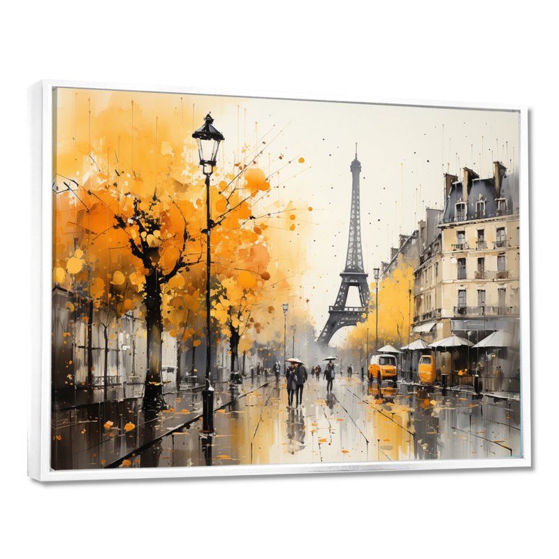 Jaune et gris, art de rue parisien - art mural Paris, 16" H x 32" W, Cadre flottant blanc