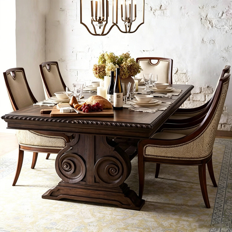 Table de salle à manger vintage en bois massif sculpté brun, 29.92" H x 78.74" W x 35.43" D