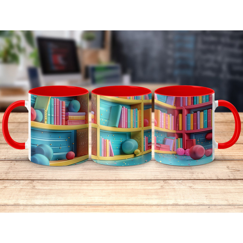 Kids Drawing Style 11oz Accent Mugs – Ceramic Coffee Cup with a Red Handle and Interior