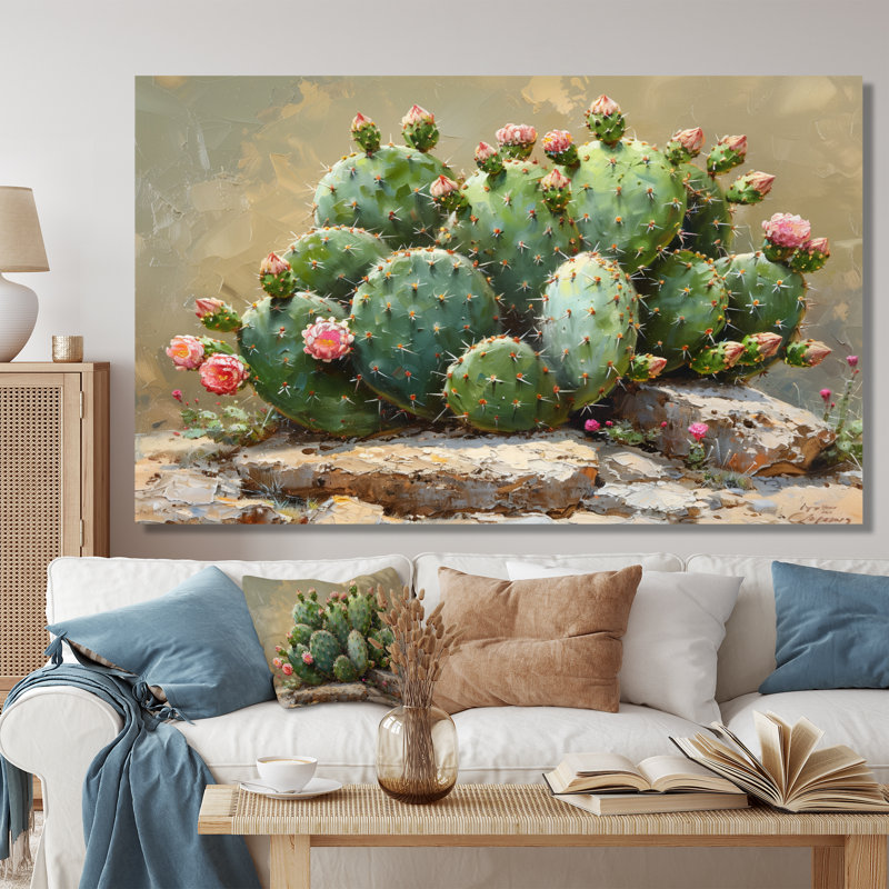 Décoration florale cactus vert lueur rose I - Cactus floral, Toile tendue, H 40 po x l 60 po x P 1,5 po