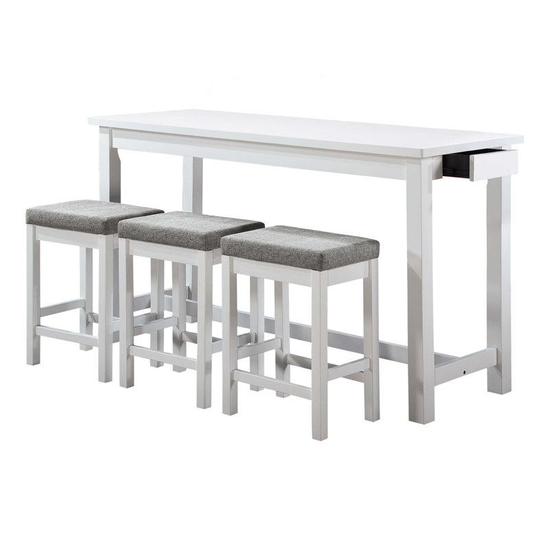 4pc Counter Height Dining Set White Finish Counter Height Table w Drawer Built-in USB Ports Power Outlets and 3 Stools Casual Dining Furniture