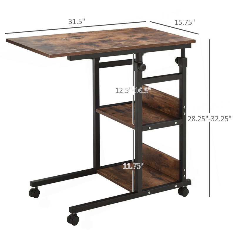 Table d'appoint mobile en forme de C avec étagères de rangement à 3 niveaux, hauteur réglable et roulettes