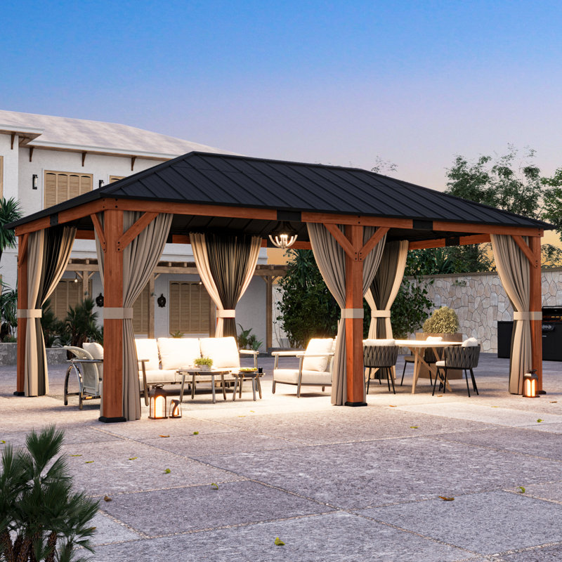 Pavillon de jardin à toit rigide en cèdre 12 pi x 20 pi Sequoia, toit en acier galvanisé, rideau et filet inclus