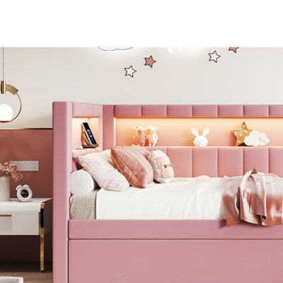 Lit plateforme tapissier simple avec ports USB et ceinture à DEL, avec lit gigogne pour un espace de couchage supplémentaire, rose