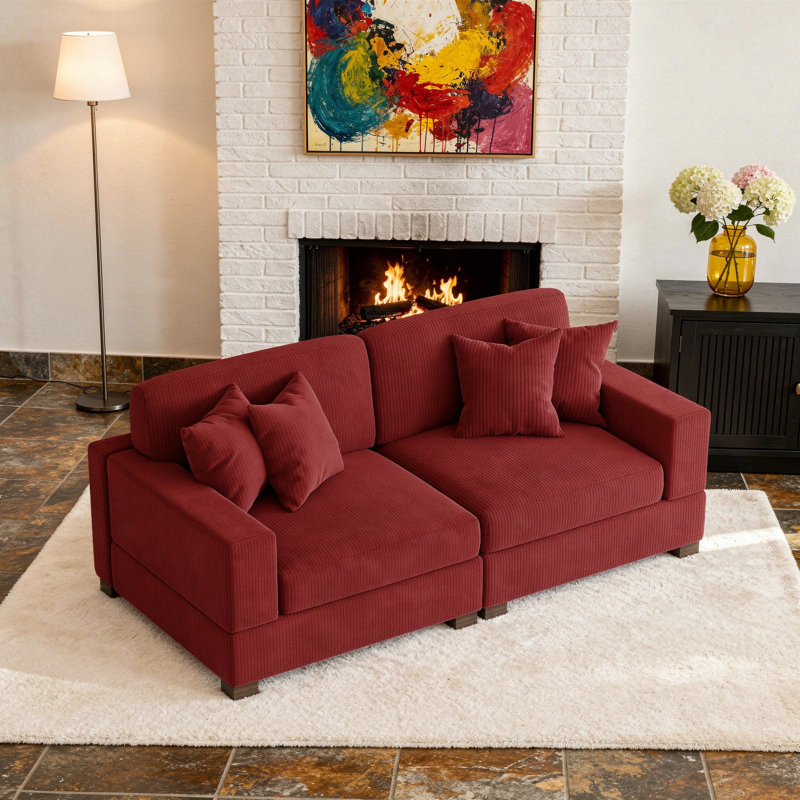 Canapé modulaire 2 pièces rembourré en velours côtelé rouge avec dossier coussiné et pieds en bois massif, Rouge
