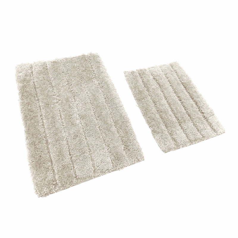 2 Piece Bath Mat Set - Ivory Solid Striped Bathroom Mat Soft Plush Thick, Ivoire