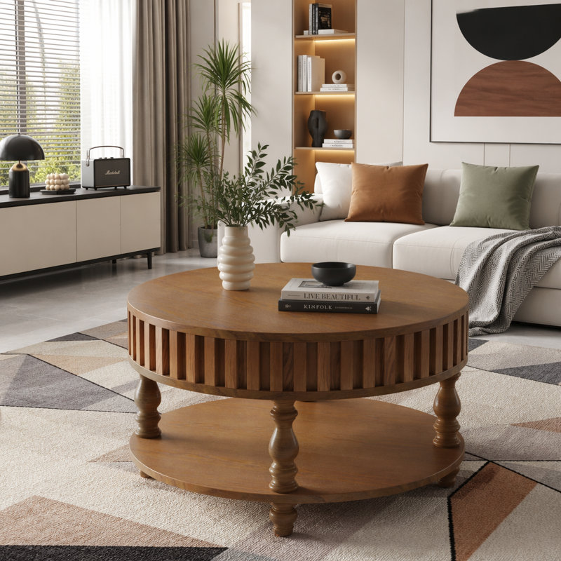Table basse de style campagnard cannelé avec rangement et couvercles rabattables, table de centre brun rustique pour le salon avec rangement caché spacieux, pieds robustes en bois massif durable