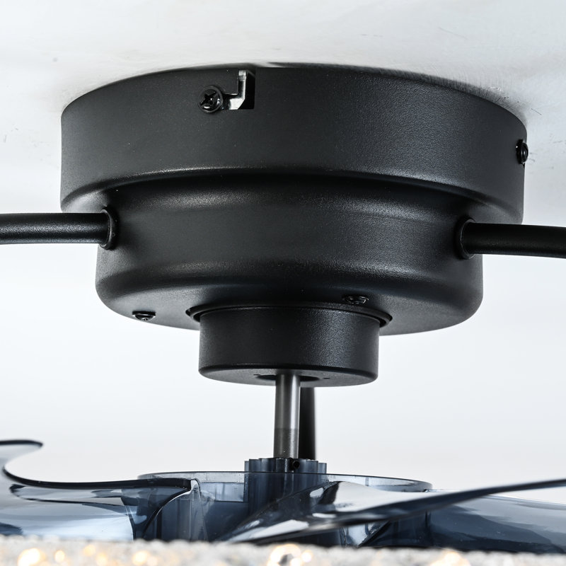 21 Inch Flush Mount Caged Ceiling Fan with Light, Matte Black Compass Metal Frame, Beaded Crystal Trim, Reversible DC Motor, 6 Wind Speeds, Remote & APP Dual Control, Low Profile Farmhouse Ceiling Fan