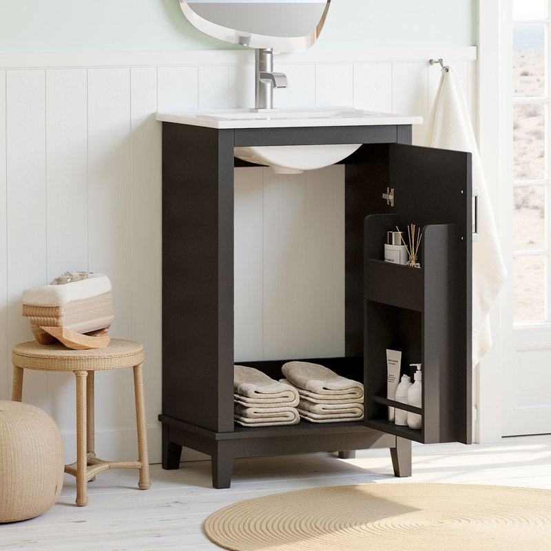 Meuble-lavabo étroit moderne de 20 po avec lavabo en céramique, pieds en bois massif et porte à fermeture en douceur avec tablettes doubles, vert