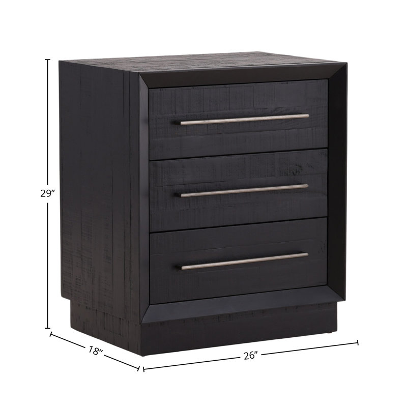 Humphreys 3-Drawer Pine Wood Nightstand, Black