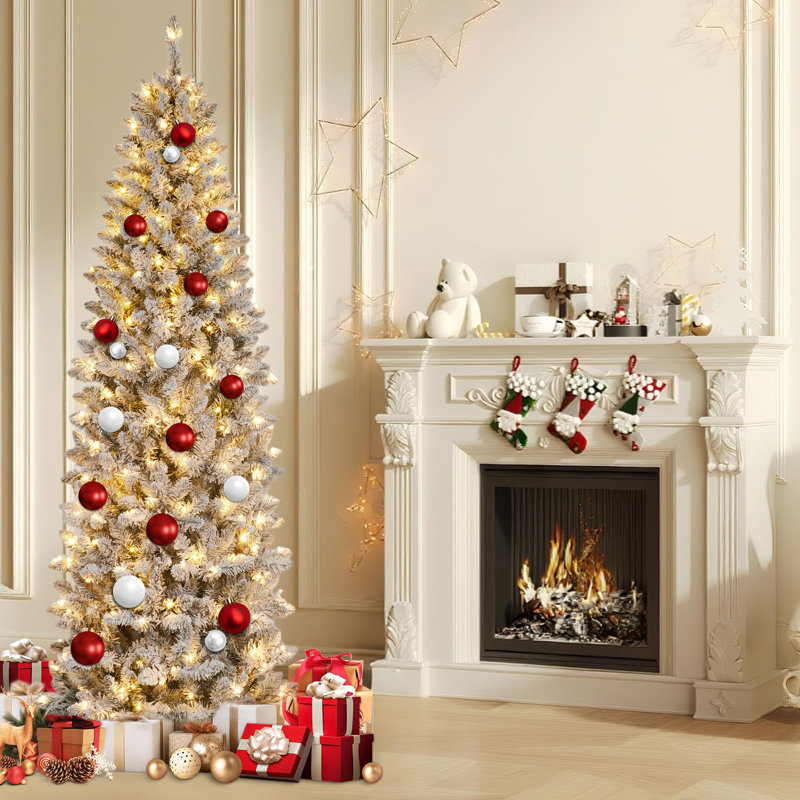 Christmas Tree,Pencil Artificial Tree with Prelit Branch Tips, Snow Flocked Slim Design, Warm White LED Lights & Foldable Stand, Easy Assembly for Home, Office, Apartment