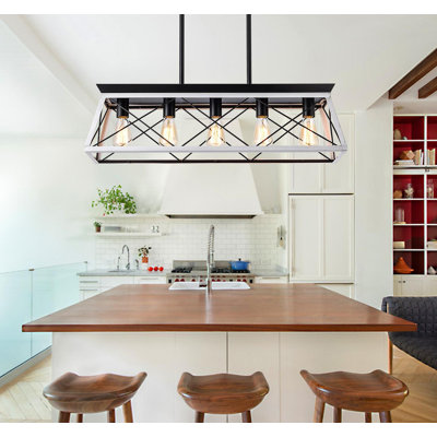 32" Industrial 5-Light Pendant Chandelier - Modern Metal Cage Design | Adjustable Hanging Light for Dining, Kitchen, Living Room