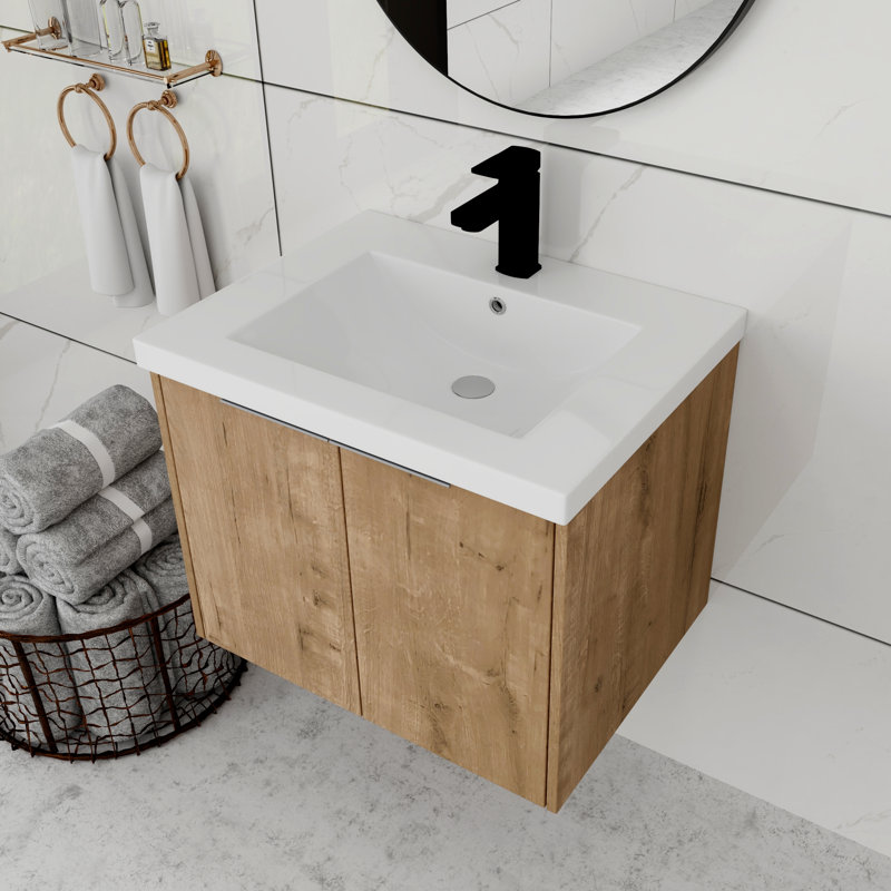 Argyl 24"Single Sink Wall Mounted Bathroom Vanity, Floating Vanity with 2 Doors and White Resin Sink Top, Imitative Oak, 24"