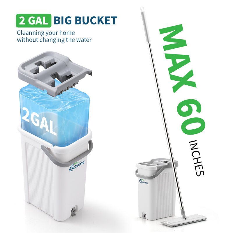 Oshang White and Gray Flat Mop and Bucket Set with Microfiber Pads