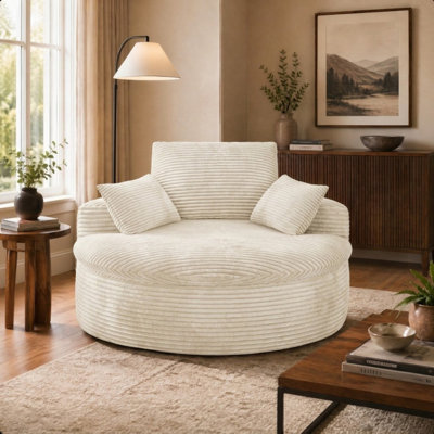 59" Corduroy Round Chaise Lounge Chair, Oversized Accent Reading Chair With Double-layer Cushion For Living Room Bedroom, No Assembly