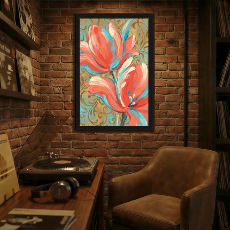 Motif de tulipes à fleurs et plantes sur fond tourbillonnant, H 12 po x l 18 po