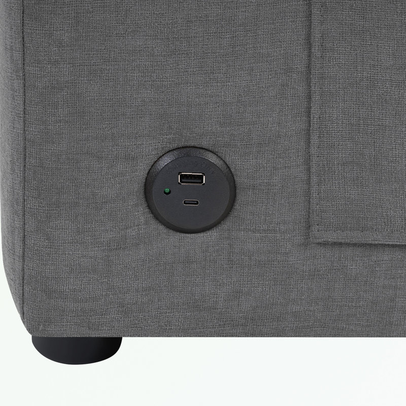 Canapé en L avec méridienne incurvée, ports USB et poches de rangement latérales, Gris chenille