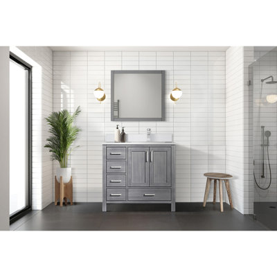 Distressed Grey Bath Vanity 36 In. W X 22 In. D, Right Offset White Quartz Top, And Faucet Set