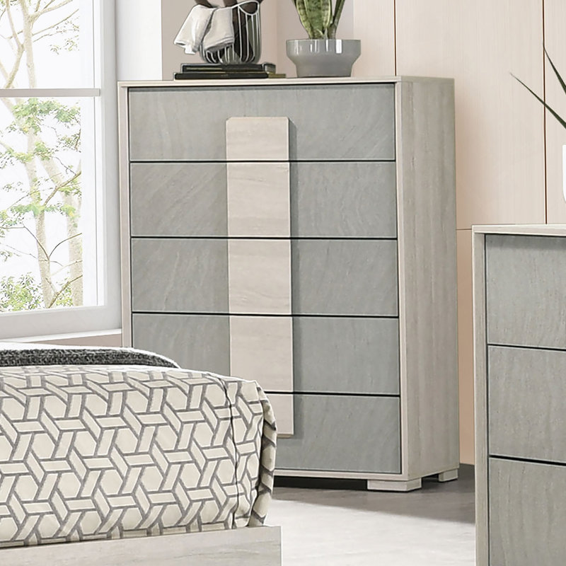 Commode à tiroirs en queue d'aronde de style contemporain 1pc deux tons centre glissières en métal panneaux de bois blanc délavé et finition de pierre gris