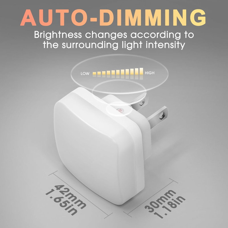 Round Wall Light White Plug-In Night Light With Light Sensor, 3000K, 3-Level Dimmer, Memory