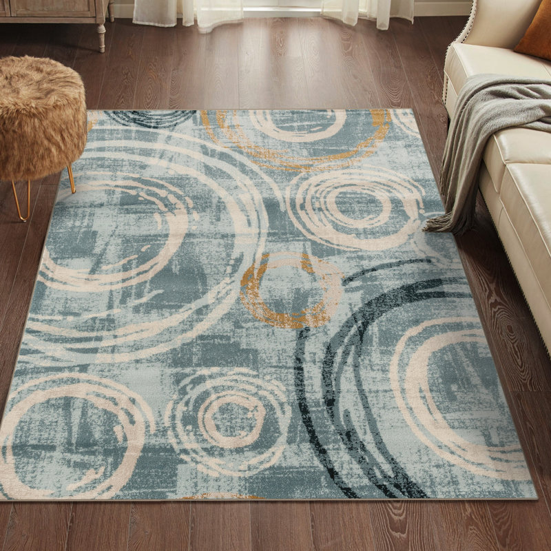 Tapis bleu à motif géométrique abstrait Bellicent, 8 pi x 10 pi