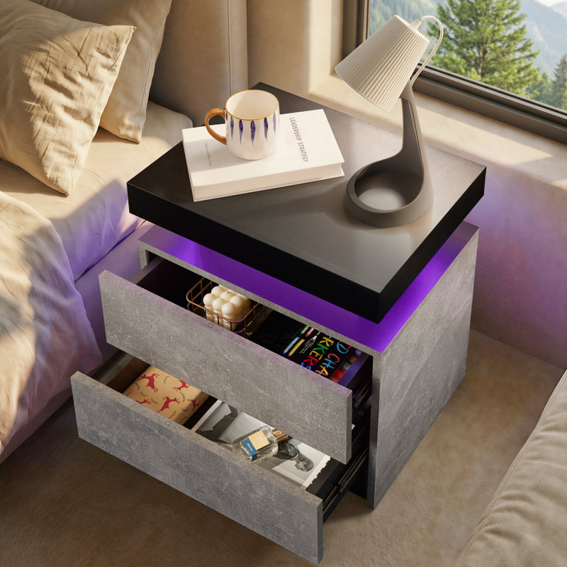 LED Nightstand with Drawers, Gray Concrete/Black