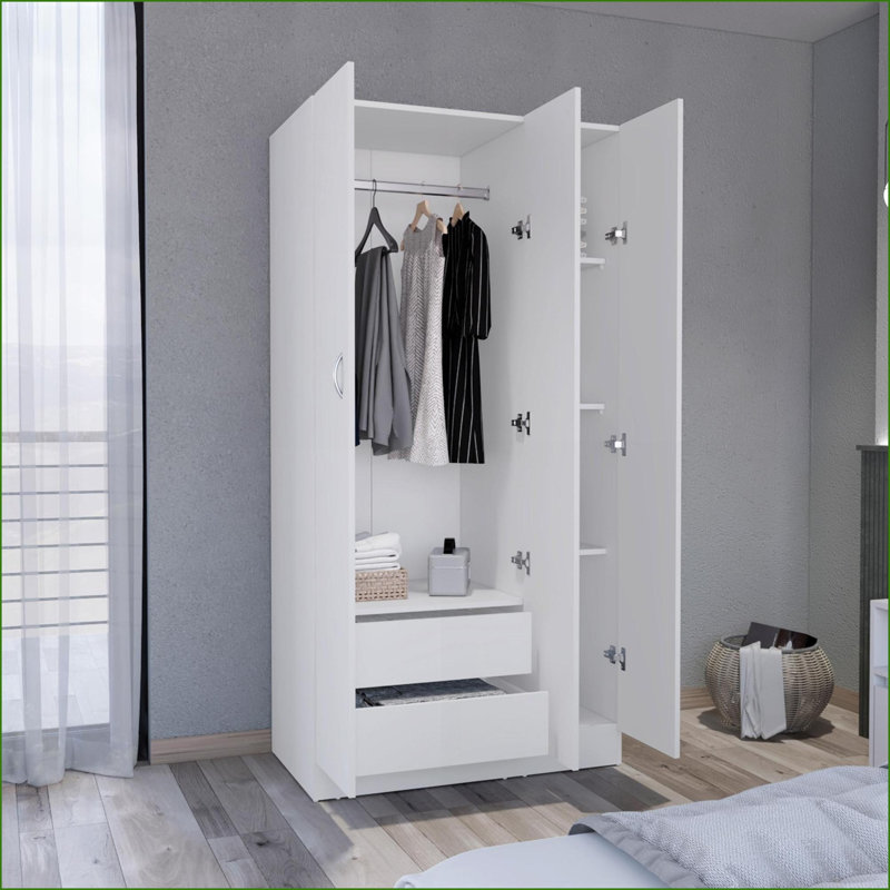 Commodes et amp; Garde-robes | Armoire classique 3 portes avec 2 tiroirs Ohio Tablettes à 4 niveaux | Blanc | Panneau de particules