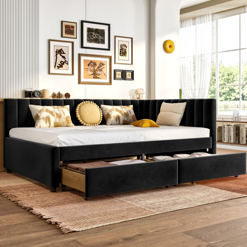 Structure de lit de jour en velours avec 2 tiroirs de rangement, pleine grandeur pour le salon, sans sommier, tête de lit ferme en forme de L noir et conception compacte, tissu en lin confortable